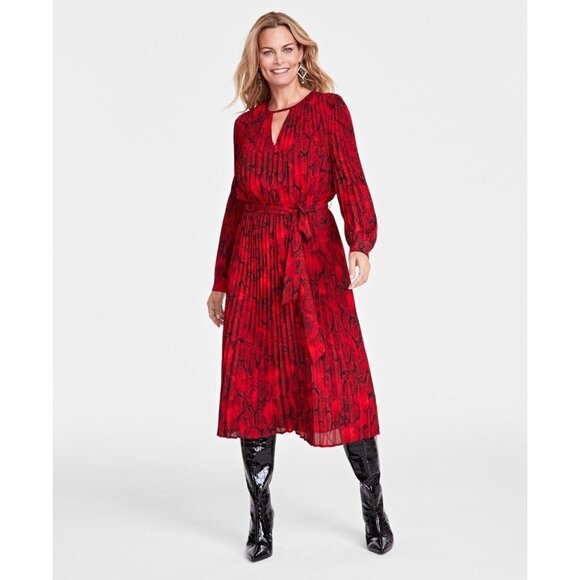 INC International Concepts Womens Size M Red Snake Tie-Waist Pleated Midi Dress - Picture 1 of 10